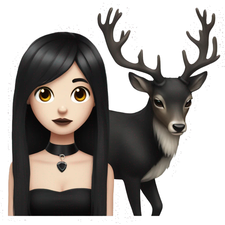 Portrait. Goth deer girl in a black sleeveless dress with a choker. White antlers with deer ears. Long Black hair emoji