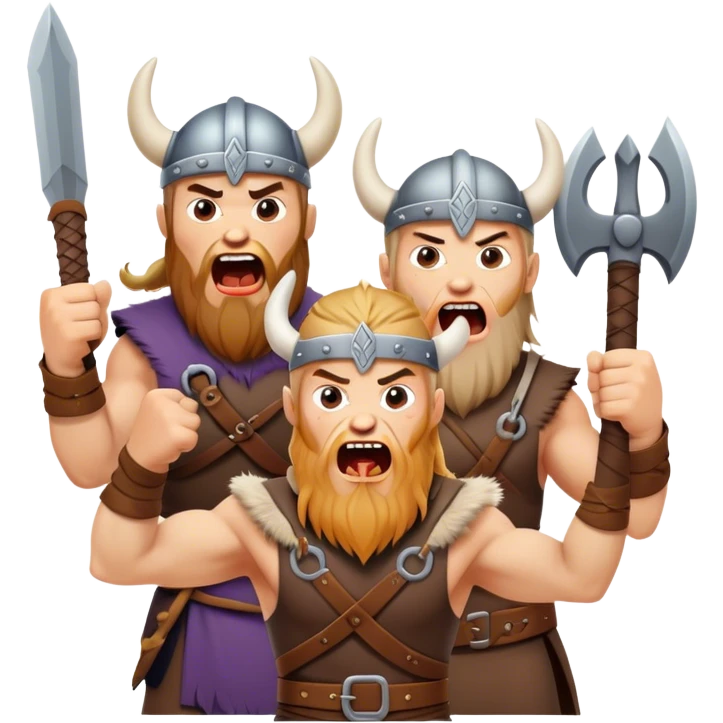 hree different Vikings scream, weapons in their hands, realistic emoji