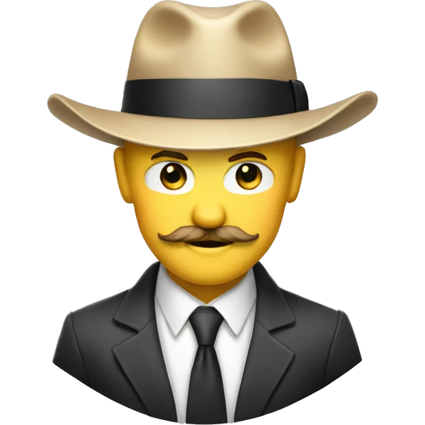 A blond white man with a suit, a tie, a fedora hat, a mustache, and a devilish smirk emoji