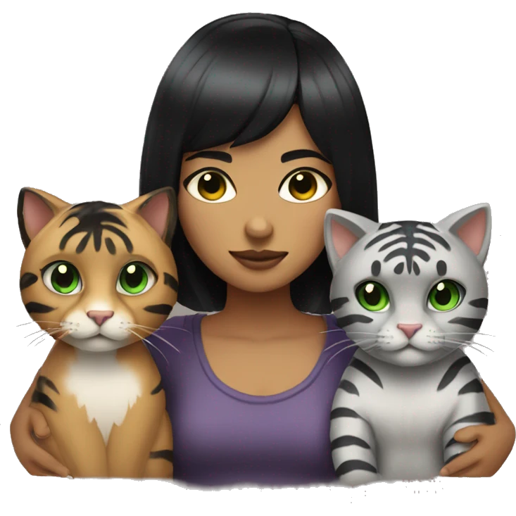 girl with short black hair, micro bangs, green eyes holding two cats one is black the other looks like a grey tiger  emoji