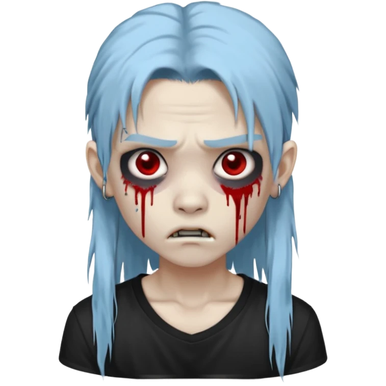  3D emoji-style avatar with very pale blue-grey zombie skin , a young Asian face, and large eyes with blood tears. Give it white litle bit messy long mullet hair style , silver hoop earrings, and a plain black T-shirt. The face expression should be slightly angry, with vampire fang emoji