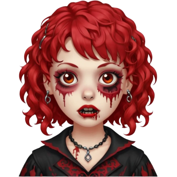 zombie girl red hair cacheado médio e franja, com piercings na boca, nariz e sobrancelha,  roupa gótica  emoji