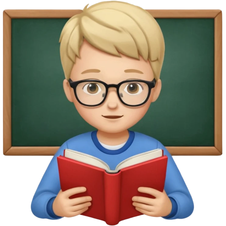 Boy with glasses sitting at school reading with his back to the camera emoji