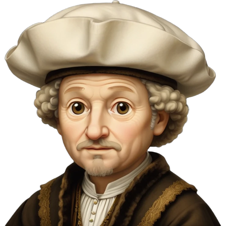 emoji of rembrandt,-shown-as-a-master-artist-with-deep,-introspective-eyes-and-richly-detailed-period-clothing,-rendered-with-dramatic-chiaroscuro-lighting-that-emphasizes-his-legacy white puffy hat emoji