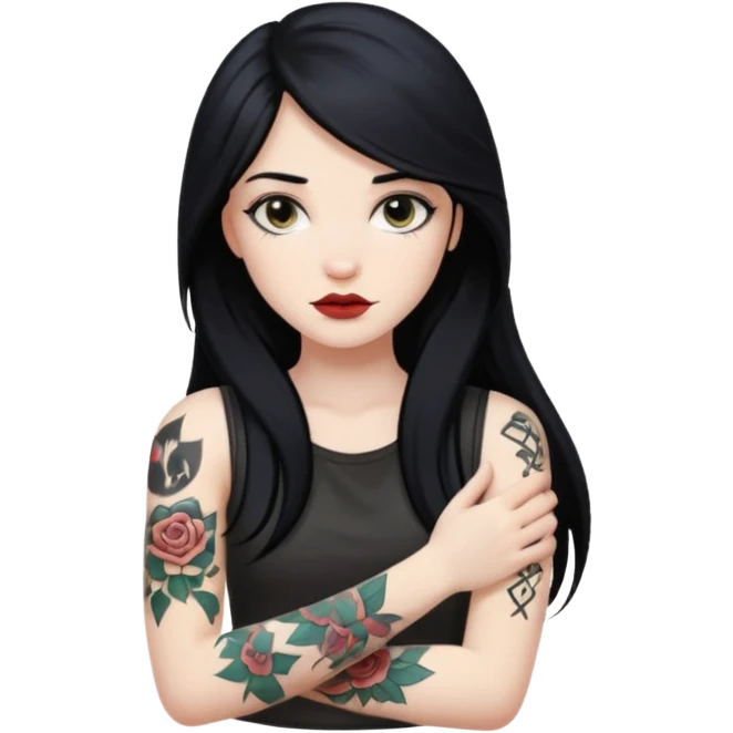 hyper realistic beautiful Pale girl with long black hair arm tattoos emoji