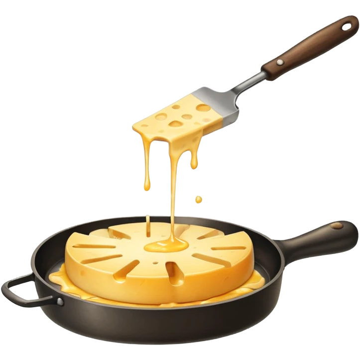 a half wheel of raclette cheese being scraped with a metal spatula, melted cheese flowing, warm golden colors, modern emoji style, clean outlines, transparent background emoji