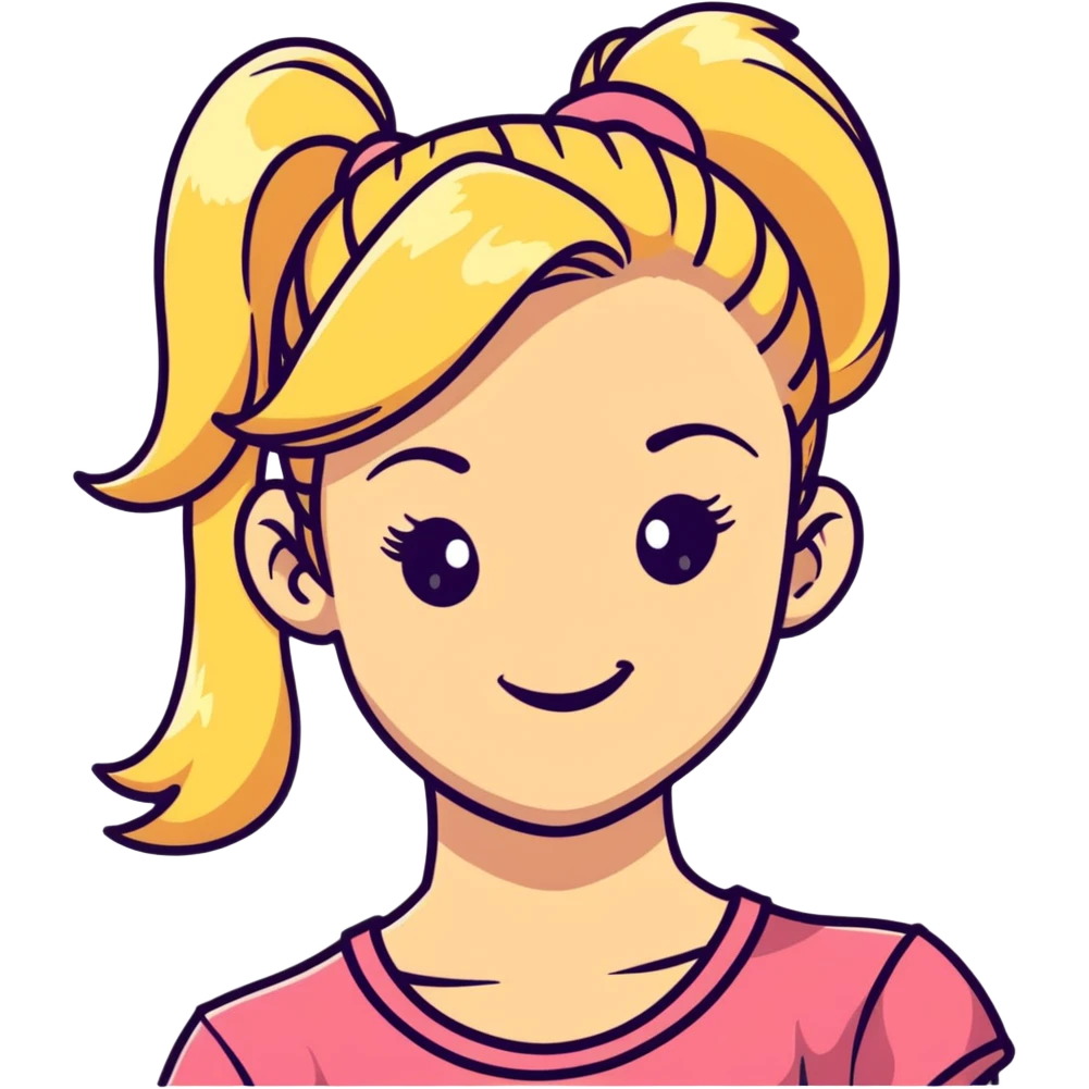 blonde girl with high pony tail hair, winking emoji