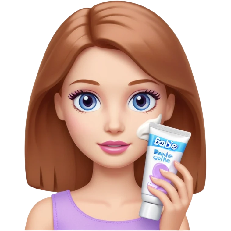 Barbie girl Chestnut Shoulder-length hair and blue eyes is In pale purple applying cream on face emoji