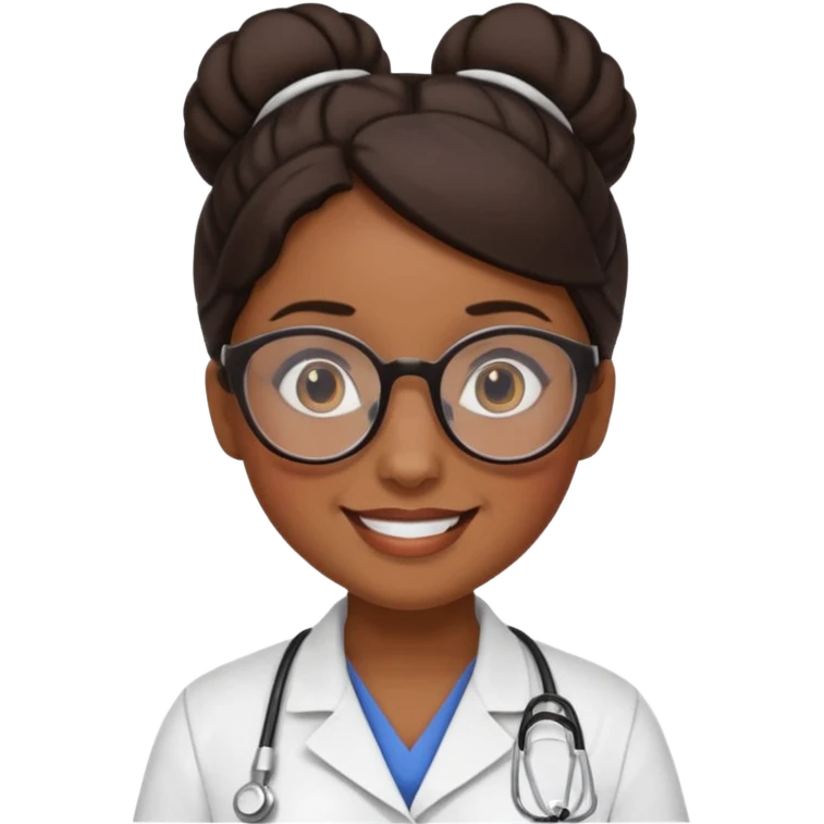 una enfermera escolar con gafas llamativas y un moño pequeño, morena de piel y pelo emoji
