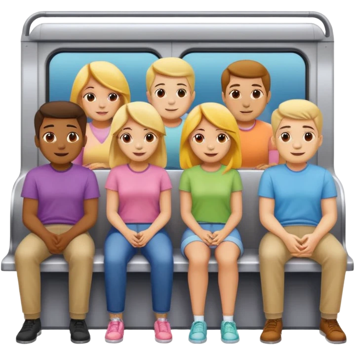 group of five cheerful people, men and women, standing and sitting close together in a subway car like Apple emoji subway with colorful outlook, dressed in different pastel t-shirts, Apple emoji style emoji