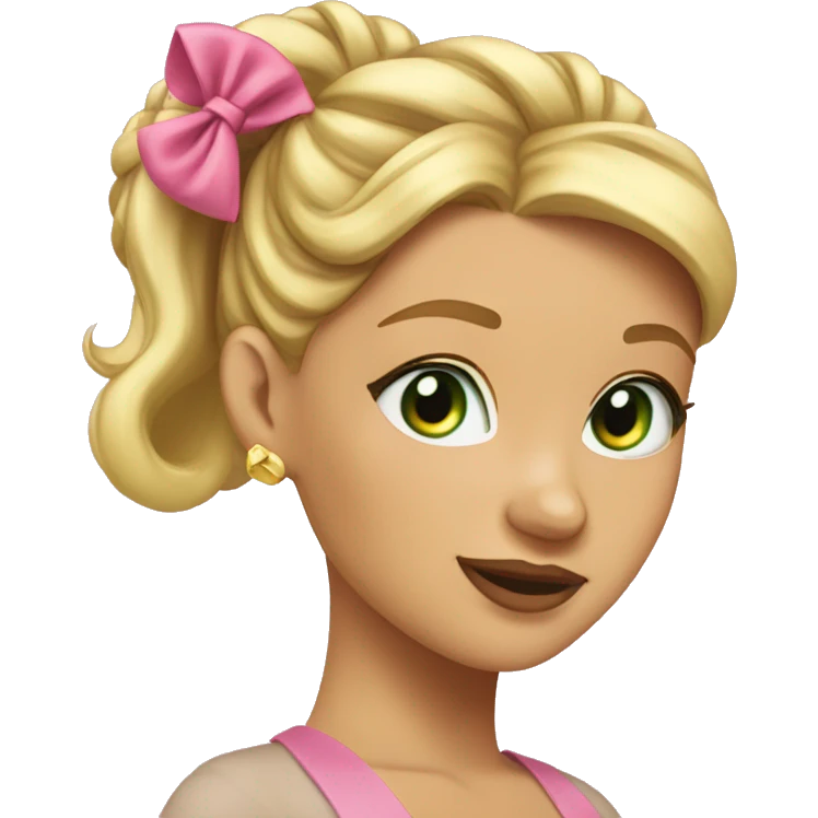 girl with blonde hair in a bun on the top of her head, green eyes, gold earrings, and a pink bow in her bun emoji