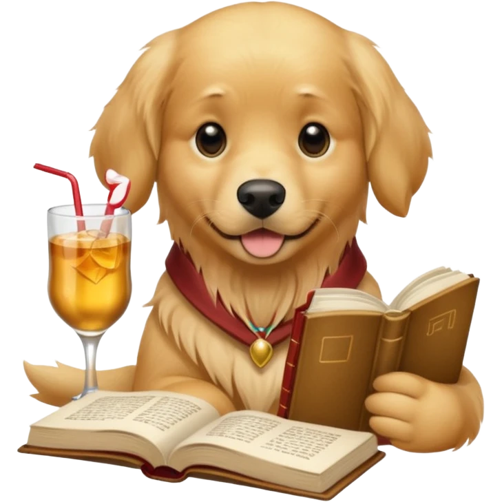 Golden retriever relaxing with a drink and a book  emoji