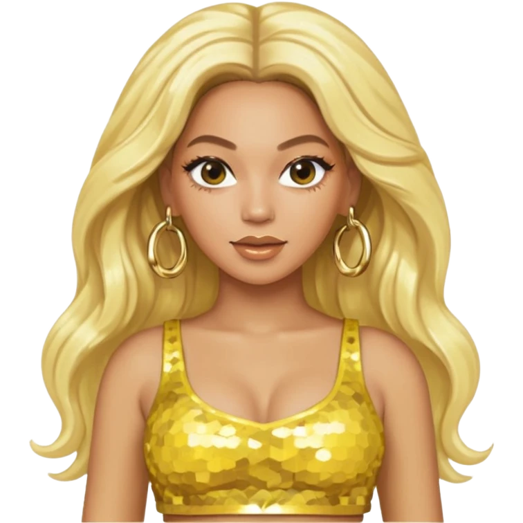 Beyonce with long platinum blonde hair, yellow sequin crop top yellow sequin skirt, gold earring emoji