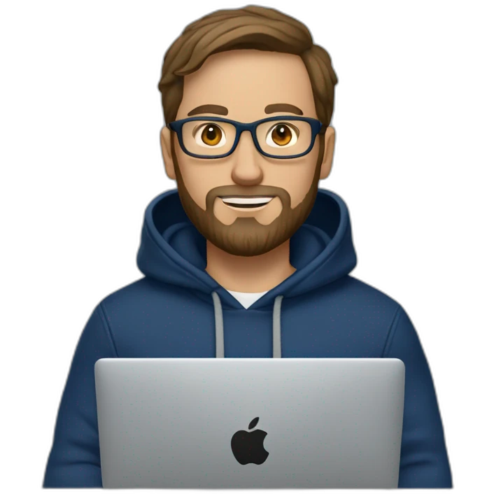 Brown hair white man with a beard and round glasses typing on apple computer wearing a dark blue nike hoodie emoji
