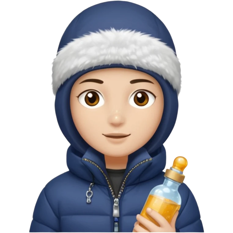 Junge mit Sturmhaube braune augen auf der rechten seite kleinen nasenpircing (glitzerstein) in der Rechten hand eine Jacky flasche und einer winterjacke mit fell an der mütze emoji