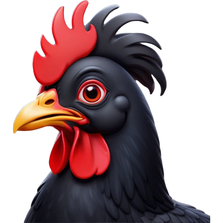 Cinematic Comical Black Chicken Portrait Emoji, Head tilted dramatically with an exaggeratedly amused expression, featuring a sleek, glossy black plumage with a bold red comb, wide, expressive beady eyes filled with playful disbelief, Simplified yet hilariously expressive features, highly detailed, glowing with a slightly sassy glow, high shine, dramatic yet playful, stylized with an air of cheeky mischief, bright and endearing, soft glowing outline, capturing the essence of a spirited and over-the-top chicken, so meme-worthy it feels like it could cluck its way into internet fame instantly! emoji