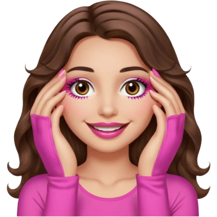 girl with long wavy brown hair, brown eyes, long lashes, sexy pink lips, light to medium complexion, wearing a pink sexy top, smiling, hands covering over the eyes emoji