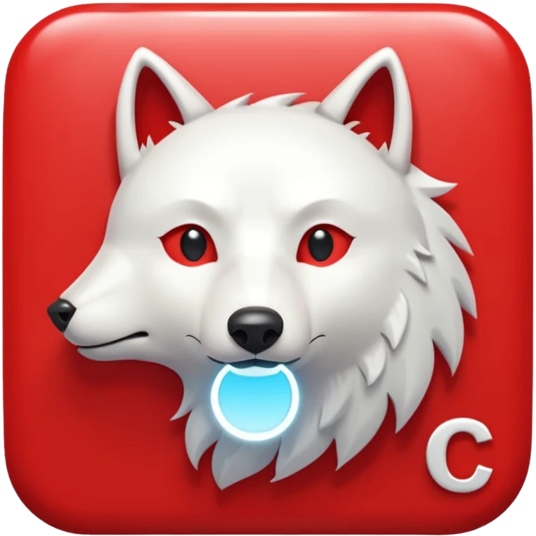 A bold white capital letter C with a small white wolf head icon above it, inside a red rounded square, emoji style, flat design, shiny light reflection, same style as 🅱️ emoji, transparent background. emoji