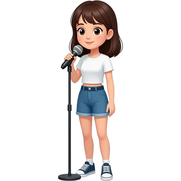 Девушка с темными волосами , стоит на сцене. Рядом микрофон, свет софитов, много камер emoji