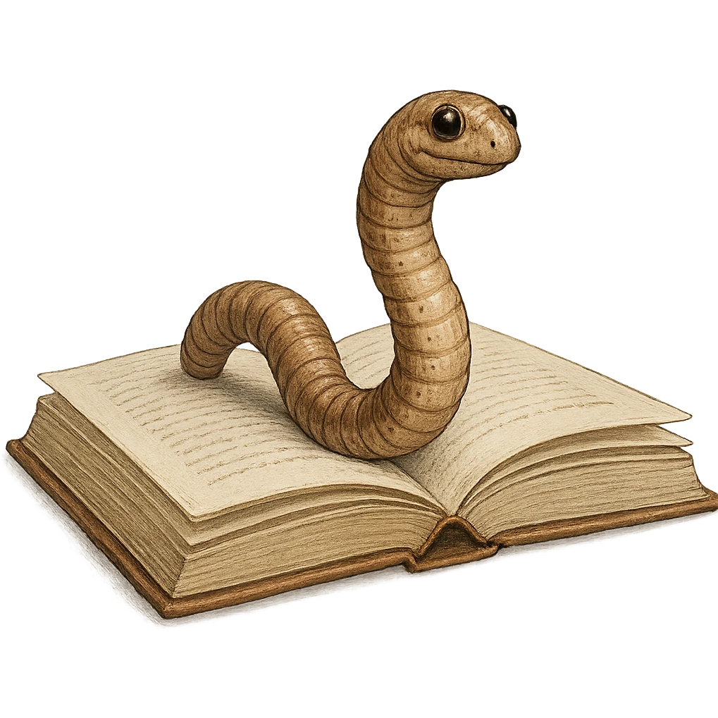 a realistic bookworm emerging from an open book, detailed shading emoji