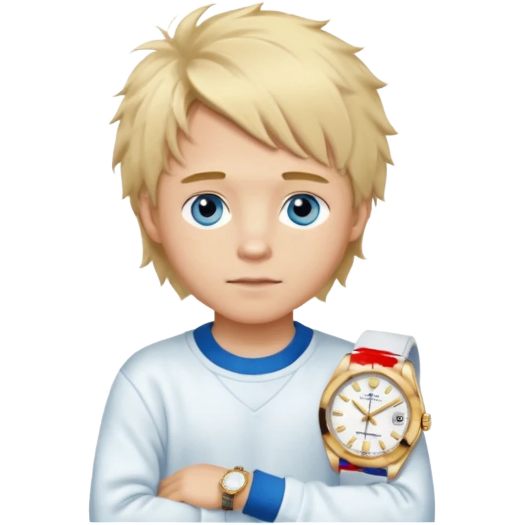 Create a look for a blond boy with long, tousled hair, light eyes, a white sweater, a wealthy appearance, blue eyes, and accessories like a Rolex or Cartier watch, and a cute face with messy hair down. blue eyes + + pajama white fluffy + cap fluffy emoji