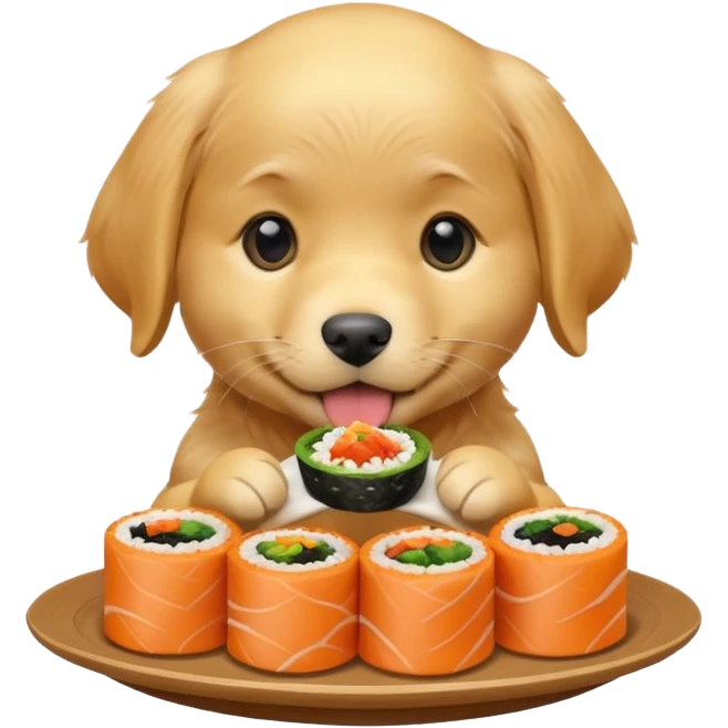 A cute golden retriever puppy eating gimbap in iPhone emoji style, soft 3D glossy texture, bright vivid colors, no outlines, centered composition, transparent background. emoji