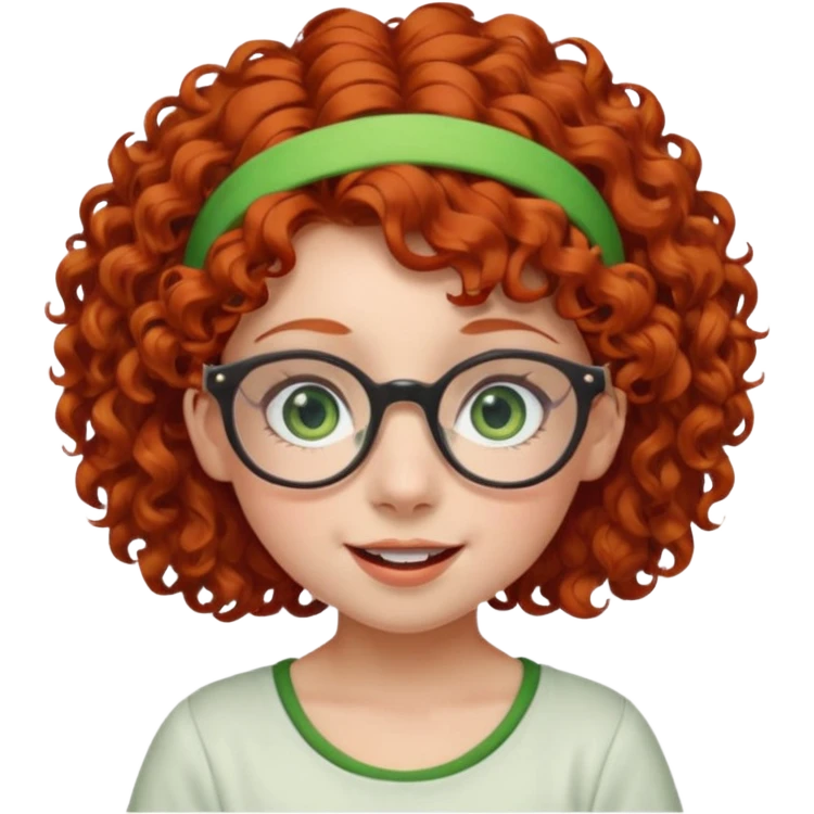 redhead kid with unique face features and very curly hair kid girl happy and big glassess and big nose and very green eyes and headband emoji