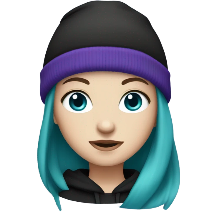 White girl, black hoodie, teal hair, purple beanie hat, blue eyes emoji