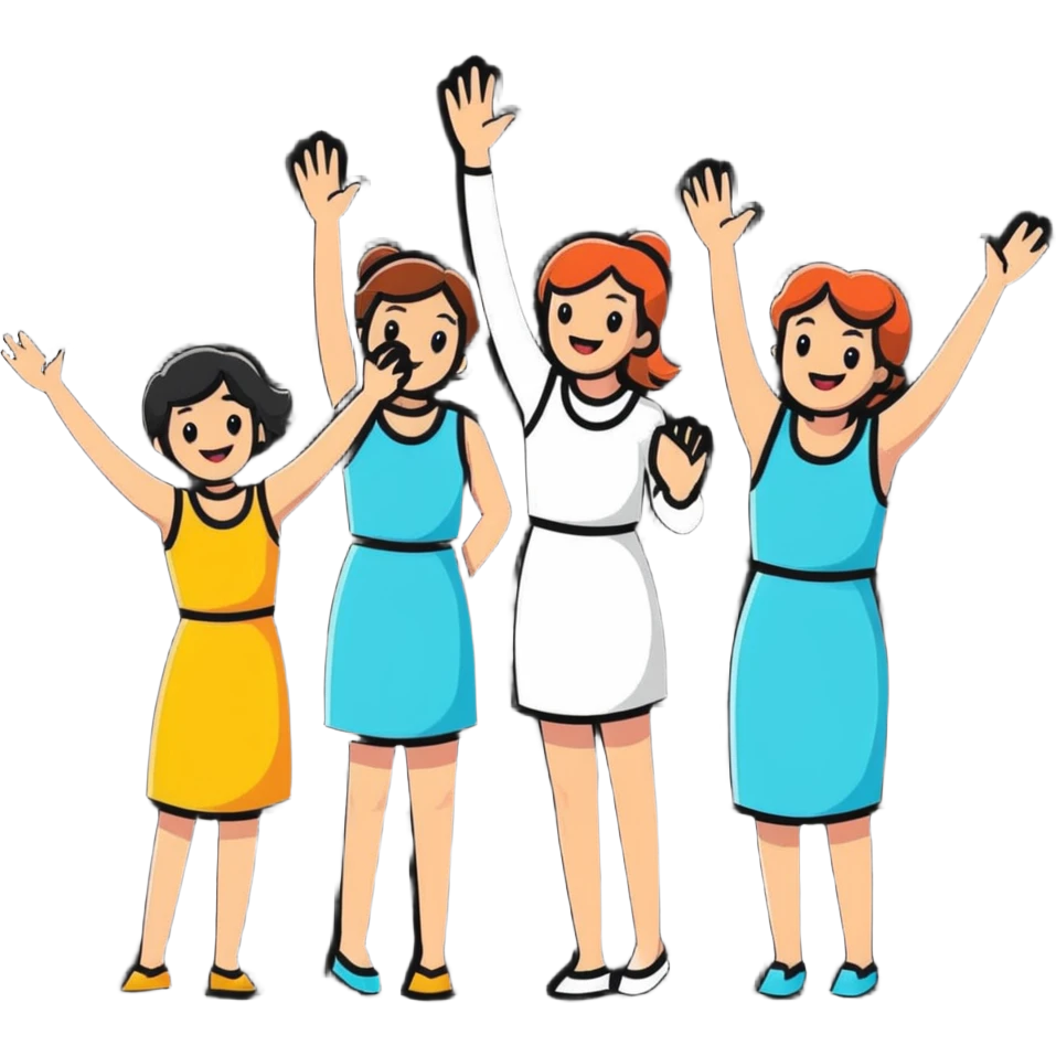 group of happy women, stylishly dressed, raising their hands emoji