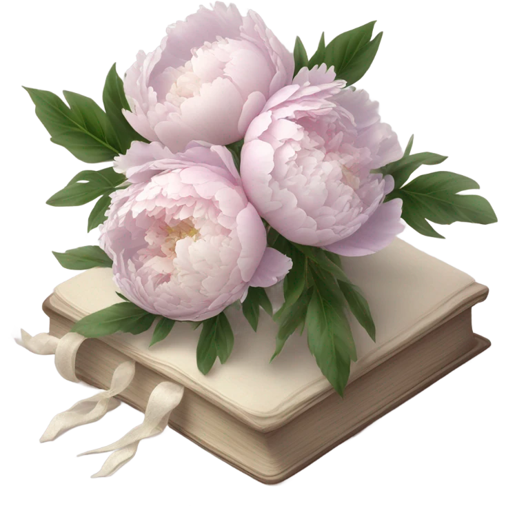 A vintage-inspired bouquet of pale violet and blush peonies resting on a lace-covered book. emoji