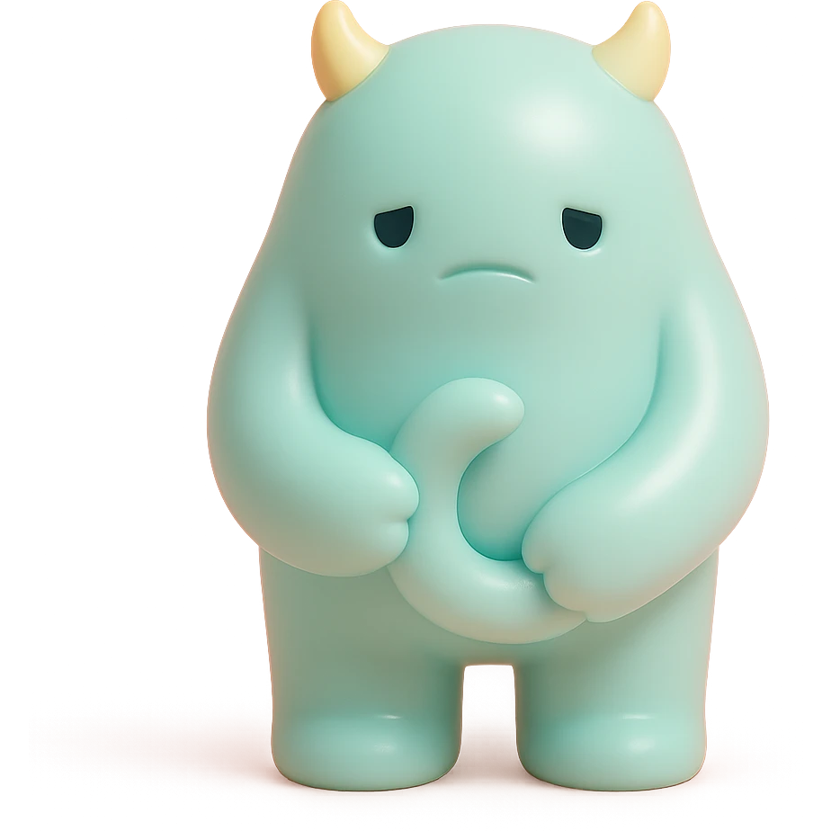 small monster with drooping shoulders, holding its own tail, gentle lighting, subtle colors, toy-like vinyl figure style emoji