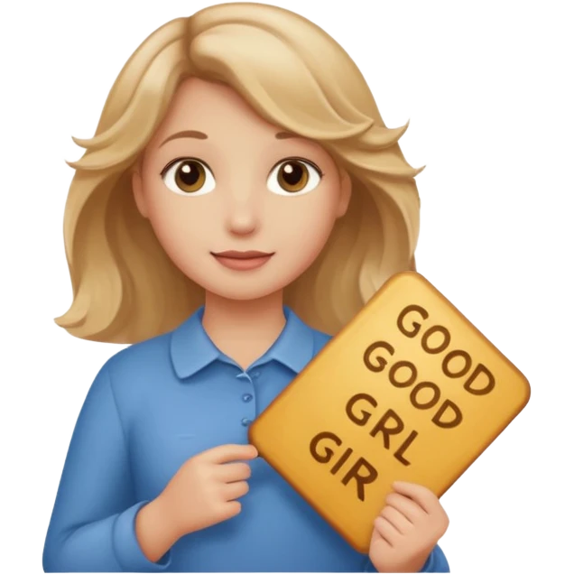 Can you make her more browny blonde with a slight curl in her hair with rosy cheeks holding a sign saying good girl  emoji