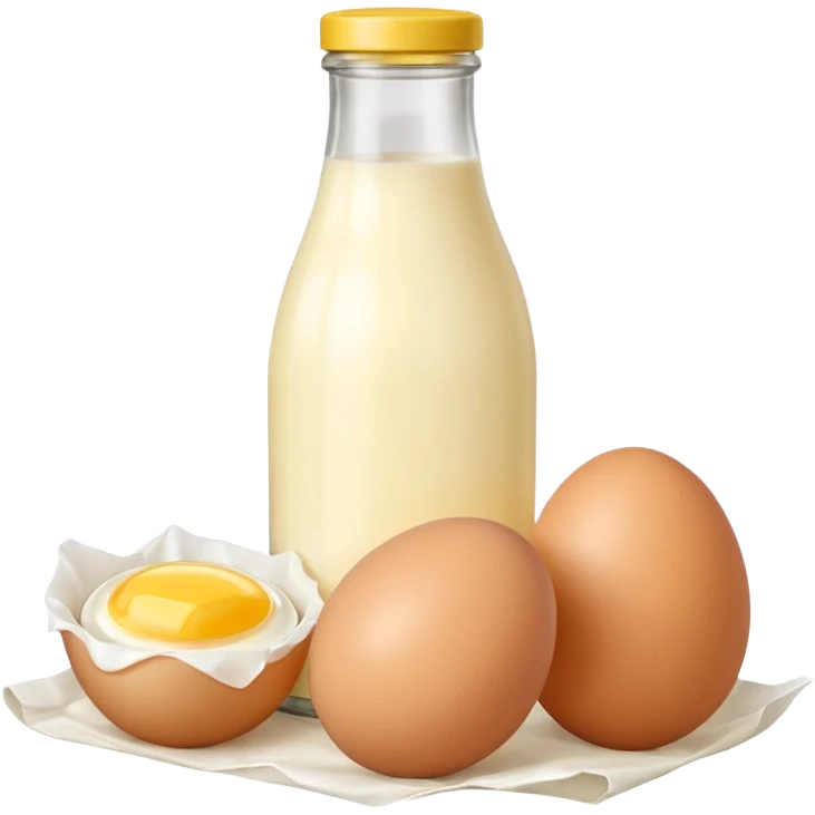 A cluster of dairy items: a milk bottle with an eggs and butter emoji