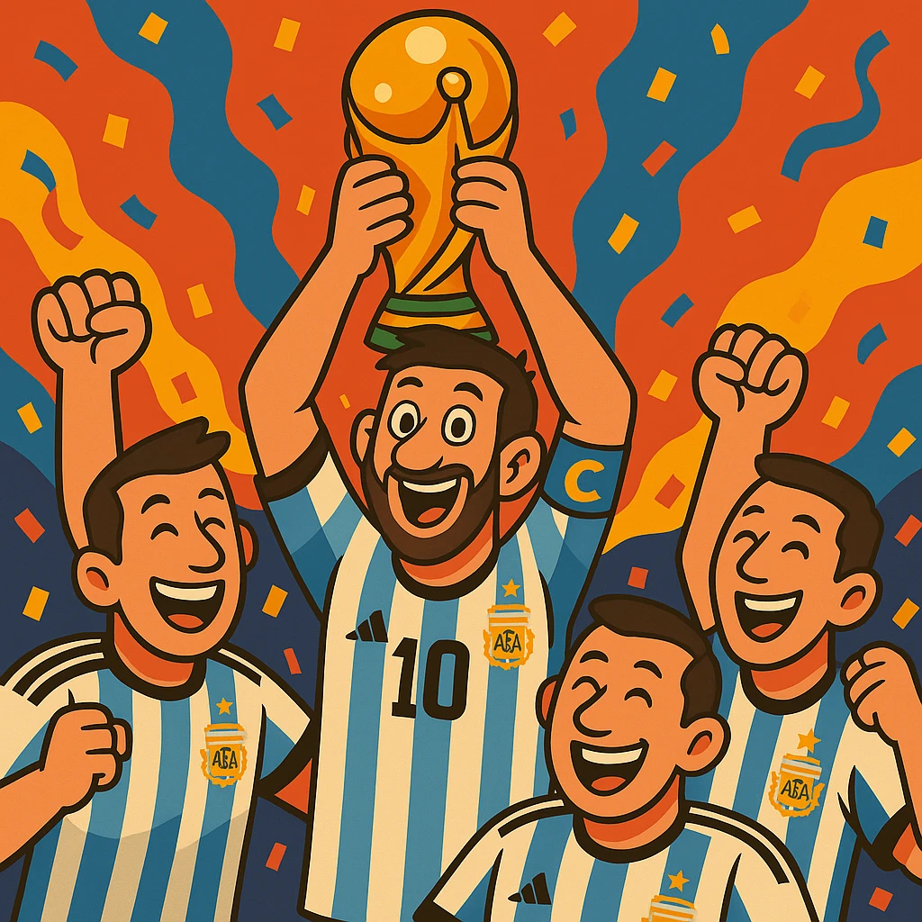 Make Messi look even more cartoonish and exaggerated, with larger eyes and expressive features, lifting the World Cup above his head, surrounded by teammates, joyful expression. emoji