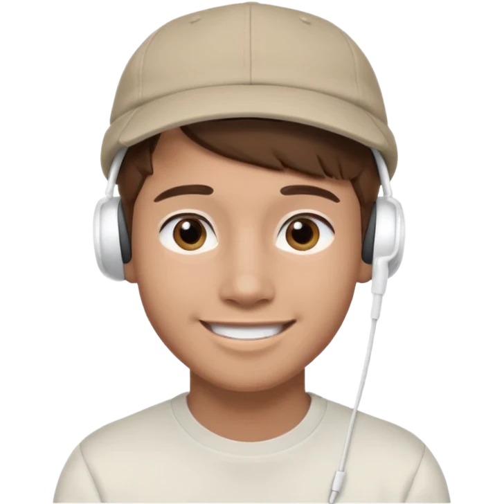 Only the head of a young guy with brown hair smiling with airpods in his ears and a cap on his head turned back. emoji