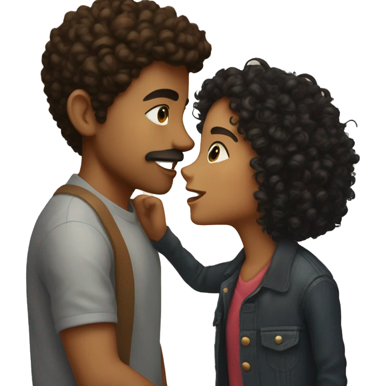A boy with black short curly hair, brown eye, Knob and mustache, kissing a girl with long, honey blonde curly hair, hazel eyes  emoji