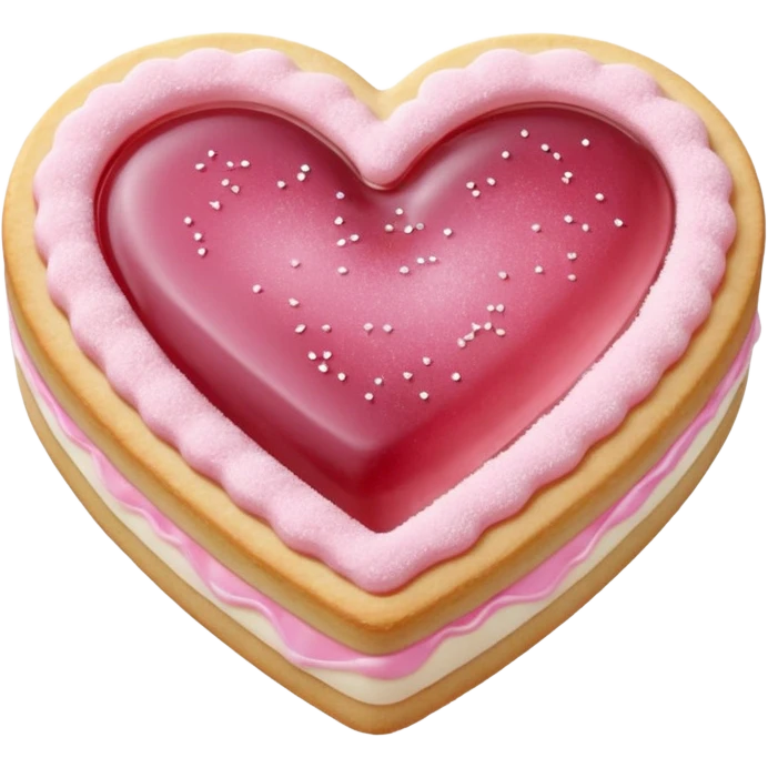 Realistic shortbread cookie in the shape of a heart with pale pink jelly middle filling and sprinkled powder sugar on top. emoji
