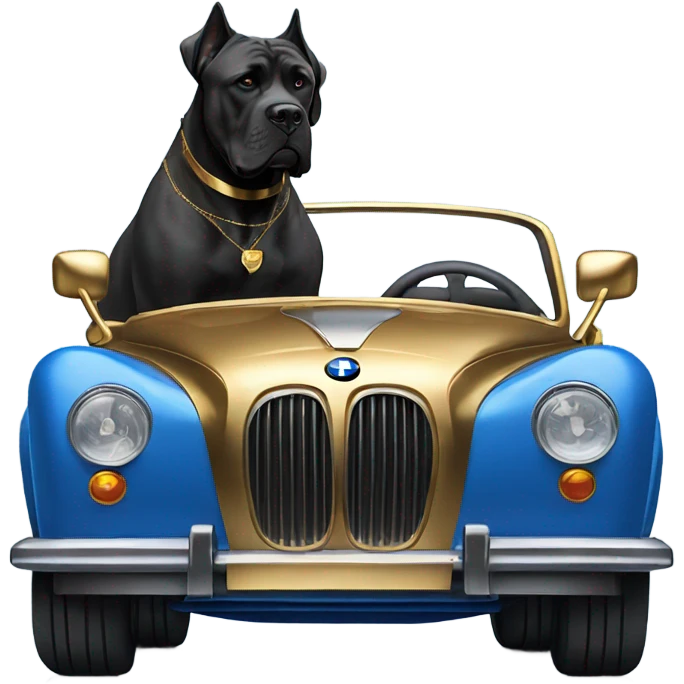 A Cane Corso driving a gold and blue BMW. emoji