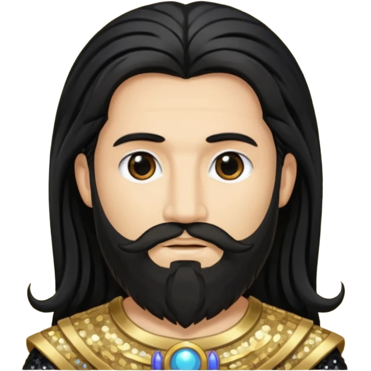 Saturn, God of Time with long black hair and beard, black sequin outfit emoji