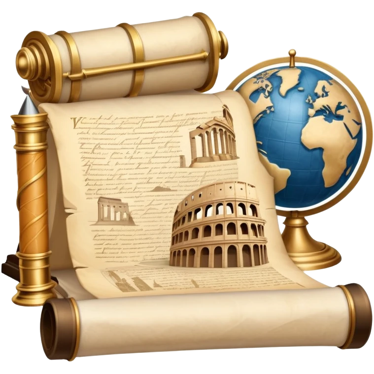 An icon featuring an ancient scroll, a quill pen, and a globe, surrounded by famous historical landmarks and statues of notable figures, like the Colosseum or Napoleon. The design symbolizes the exploration of history through monuments and people. Transparent background highlights the past emoji