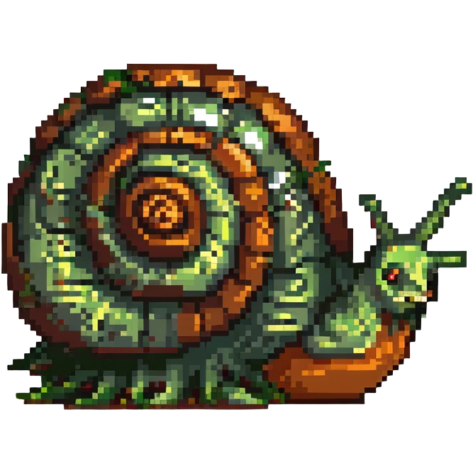 zombie snail, pixel art style, green and brown, drooling, spooky eyes emoji