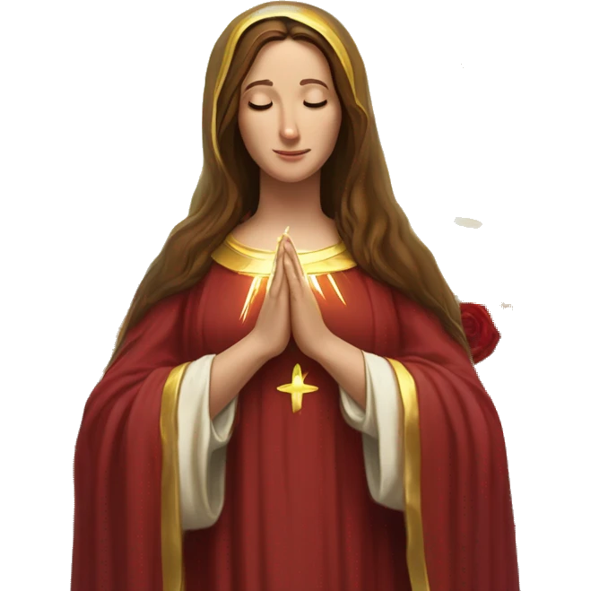 Virgin Mary: kind face looking down at the left, long brown hair, Wearing an emerald green  robe with gold stars and a burgundy red dress,  Hands in prayer or blessing. Halo around her head. standing in front of a big sun. colorful roses on the sides  emoji