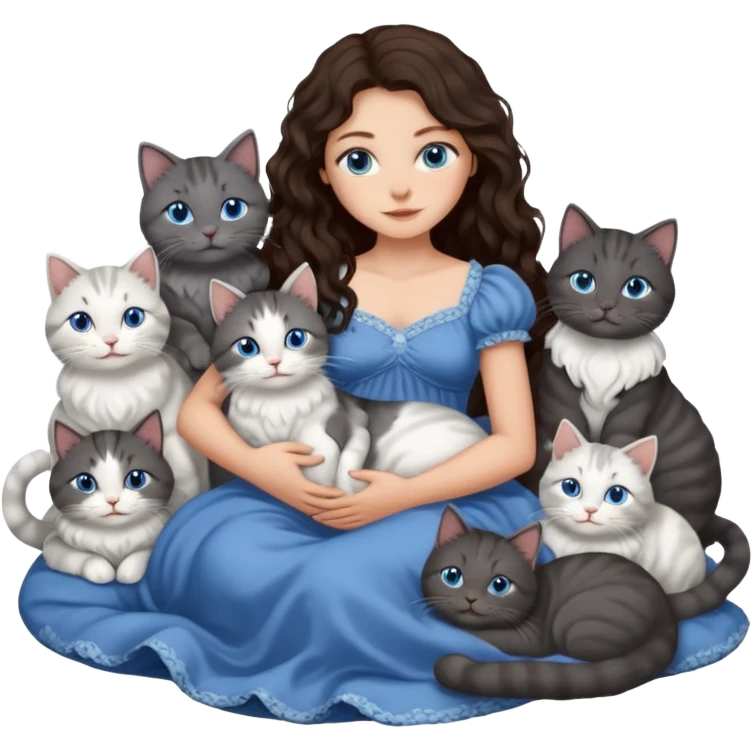 detailed realistic looking a dark grey and white cat regally laying with six other cats, cuddling with their owner in bed who is a pretty bratz lightly tanned white girl with long dark brown hair, blue eyes and gorgeous long wavy hair wearing a pretty detailed dress emoji