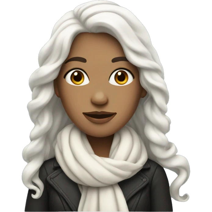 White Women with long wavy black hair and white scarf and sweater  emoji