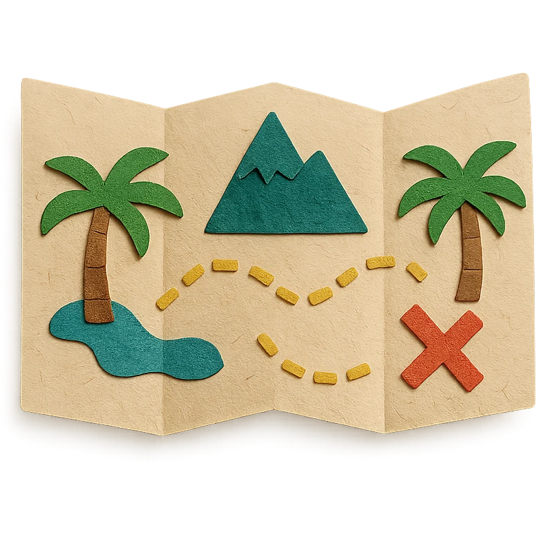 open treasure map with palm trees, mountains, and a red X, textured paper details emoji
