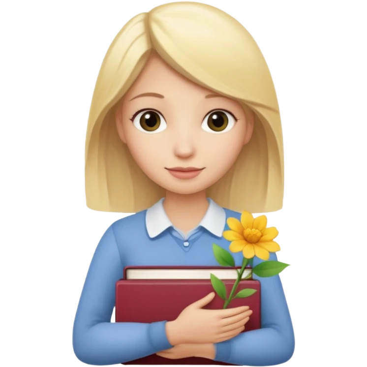 The blonde holds a stack of books + flower emoji