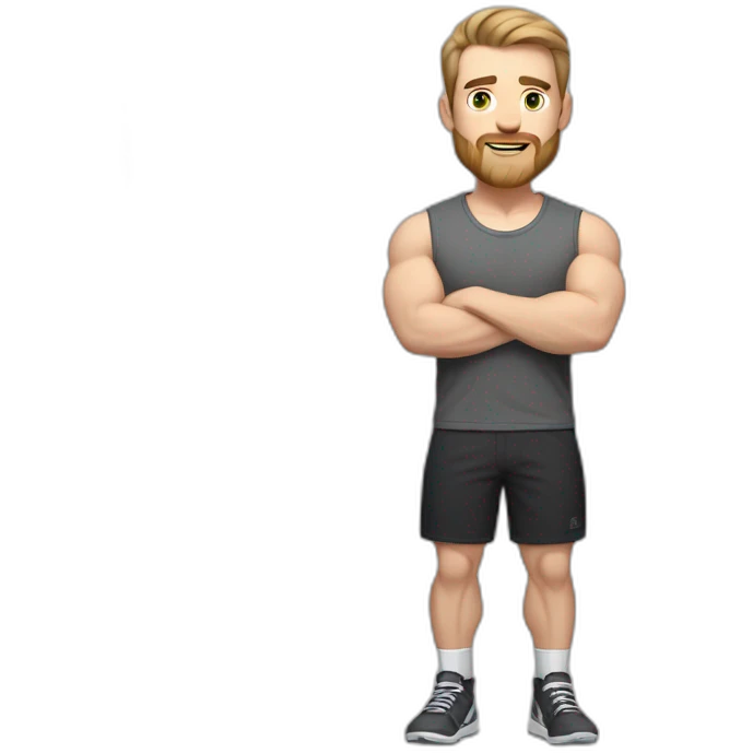 Full height Pale skinned fit man With biceps, Realistic eyes and mouth, light brown hair and stubble In dark gray sleeveless mike, black oversize sports shorts, watch and white sneakers. emoji