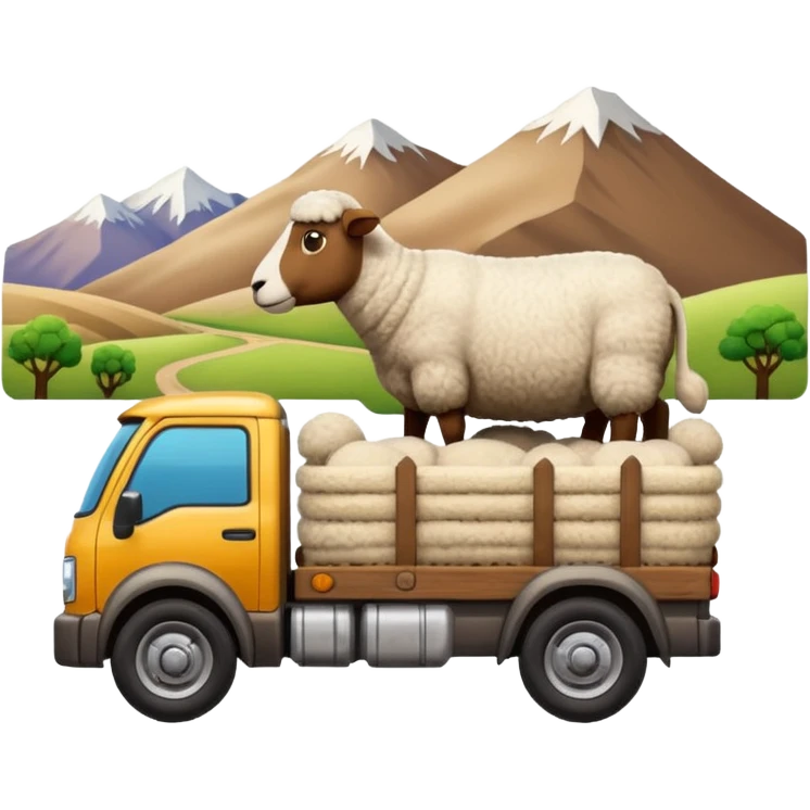 Cartoon 3D emoji of a Peruvian rural truck transporting sheep in the back, wooden cargo bed, Andes mountain landscape, dusty countryside road, glossy finish, bold outlines, vibrant natural colors, sticker design, transparent background emoji