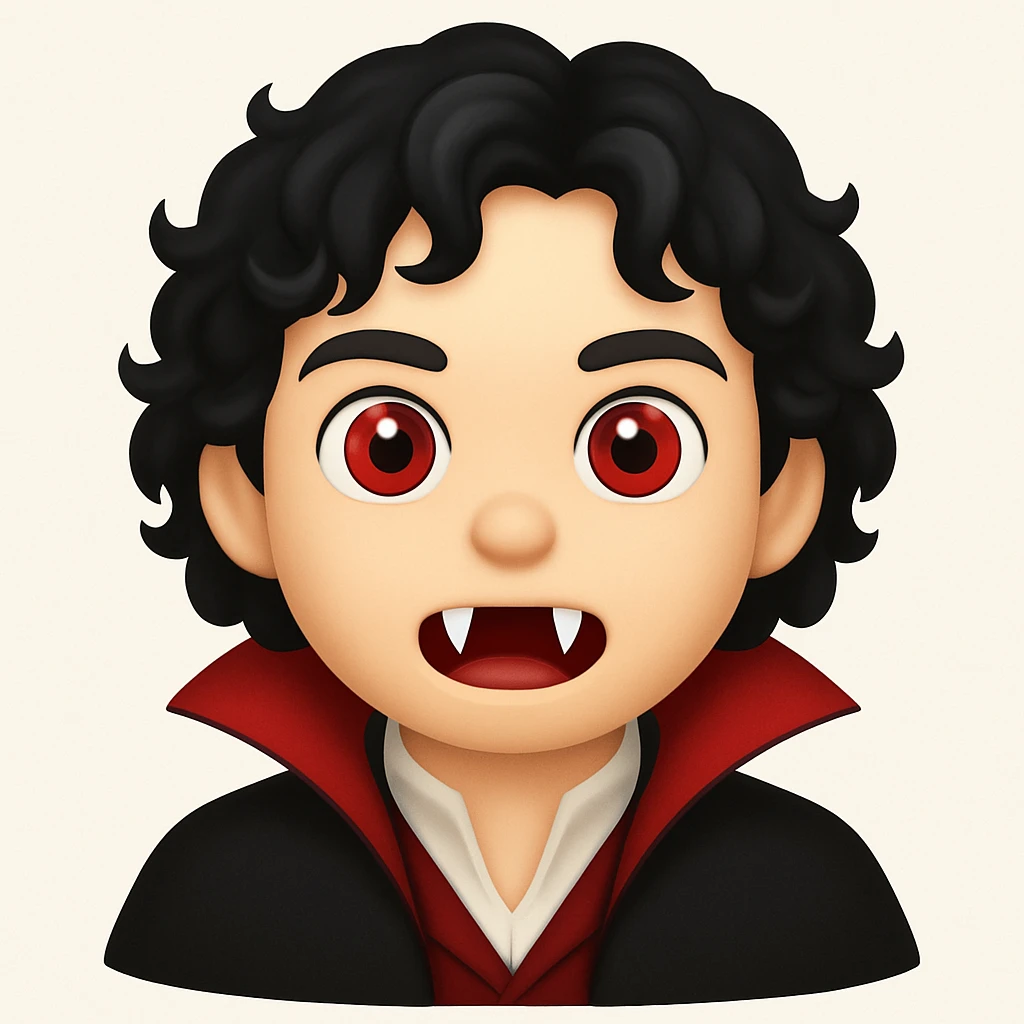 Create an image of a vampire boy with medium-length curly black hair and more prominent fangs in an emoji style. The style should resemble emoji aesthetics but use the general editing model for best results. emoji