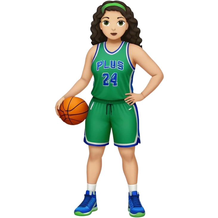 full body plus size light skin latino women basketball player with wavy dark hair large wide nose wearing blue with green uniform emoji